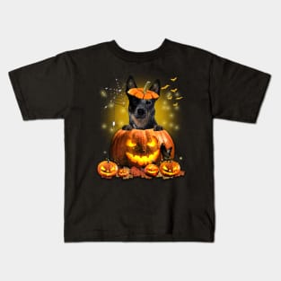 Blue Heeler Spooky Halloween Pumpkin Dog Head Kids T-Shirt